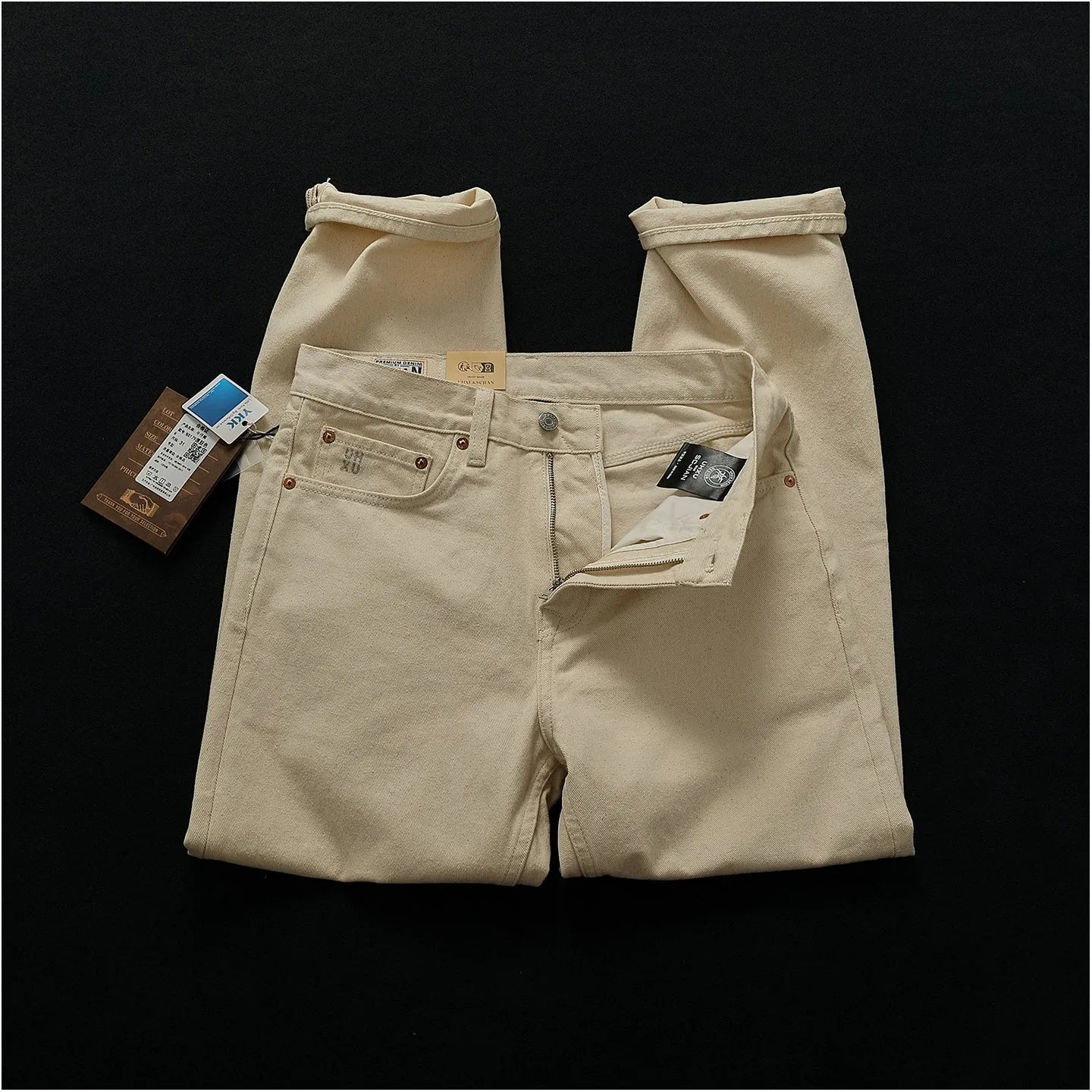 Men's casual straight-leg cotton trousers in original embryo colour, washed finish, sizes 28-38