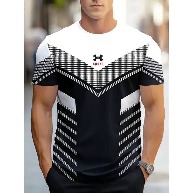 Men's loose fit short-sleeved T-shirt with digital 3D printed striped pattern