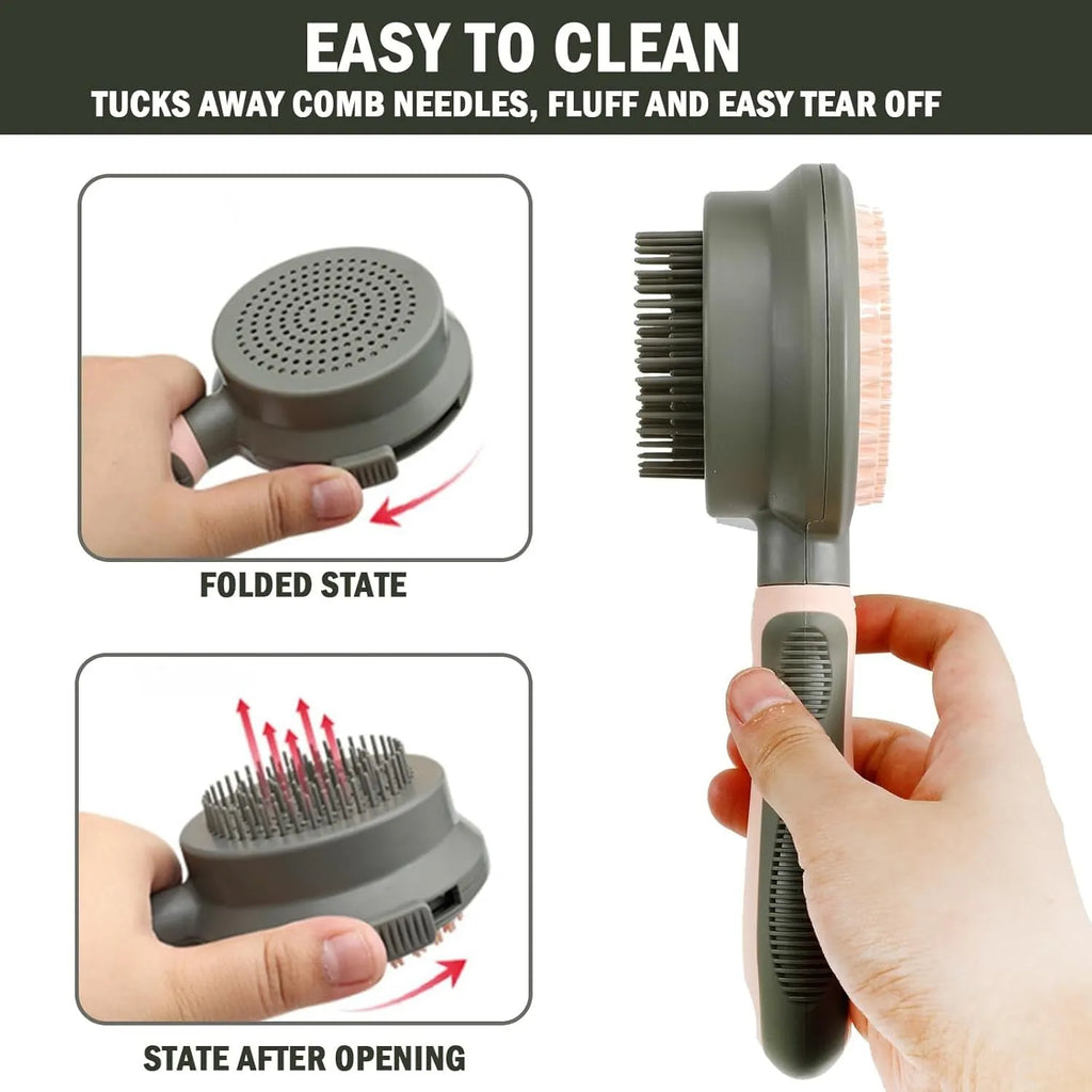 Green and pink reversible cat brush showing slicker brush side and flea comb side with release button