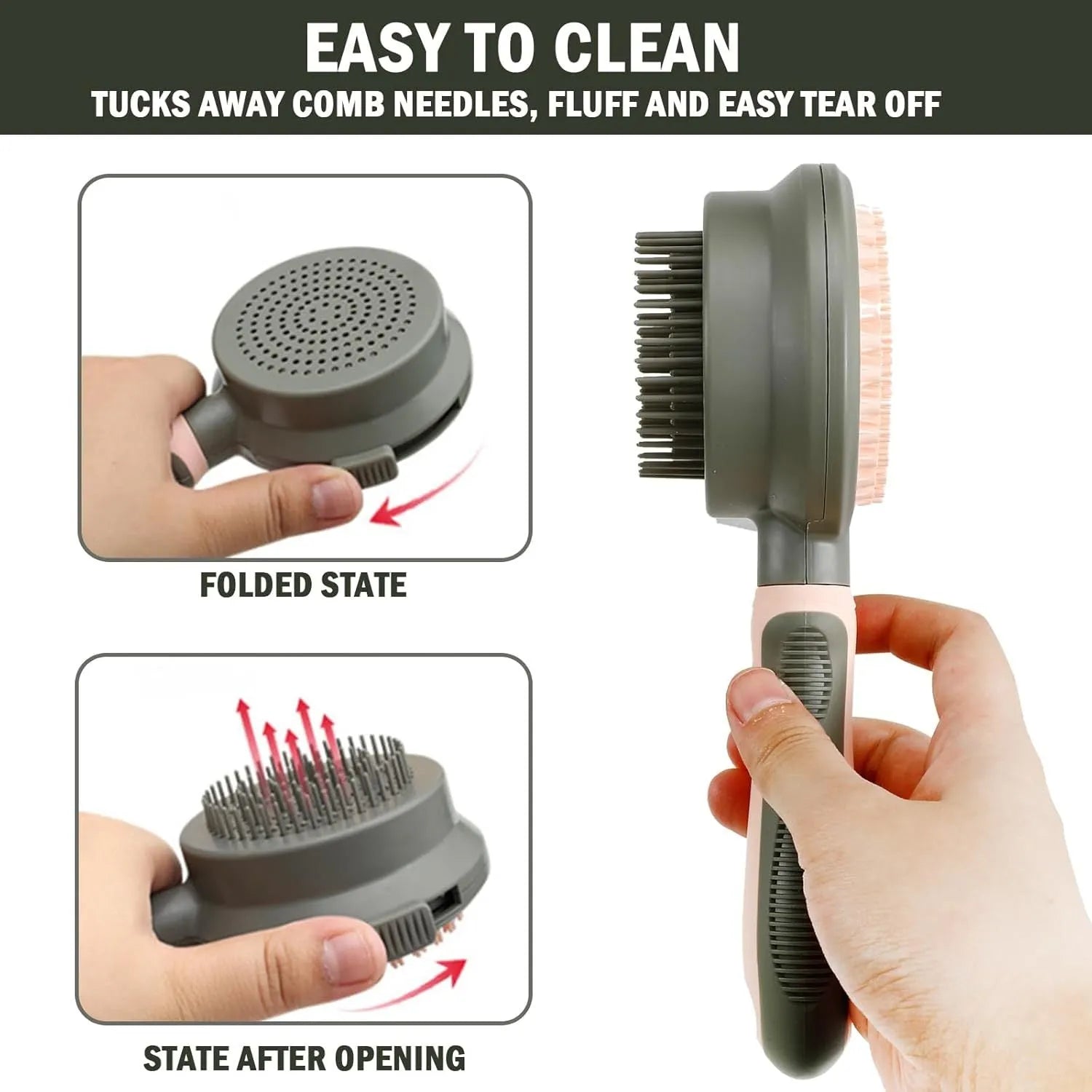 Green and pink reversible cat brush showing slicker brush side and flea comb side with release button