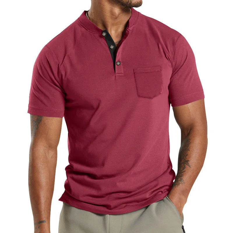 Plus size man wearing a light khaki short sleeve polyester shirt with a button chest pocket.