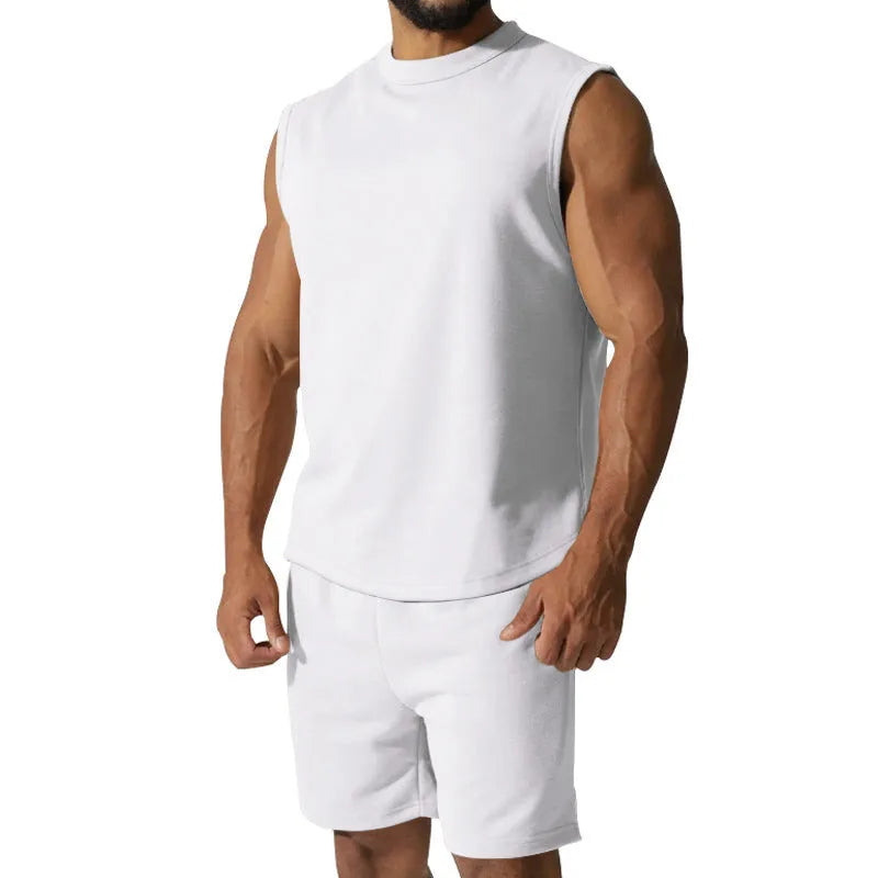 Men's sleeveless cotton blend sports top and matching shorts casual set in army green.