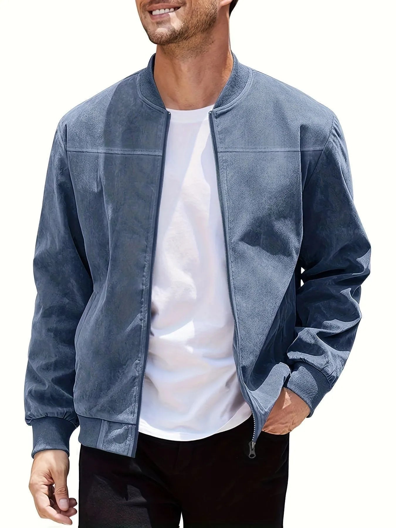 Men's casual plus size suede zipper jacket in polyester with cotton lining