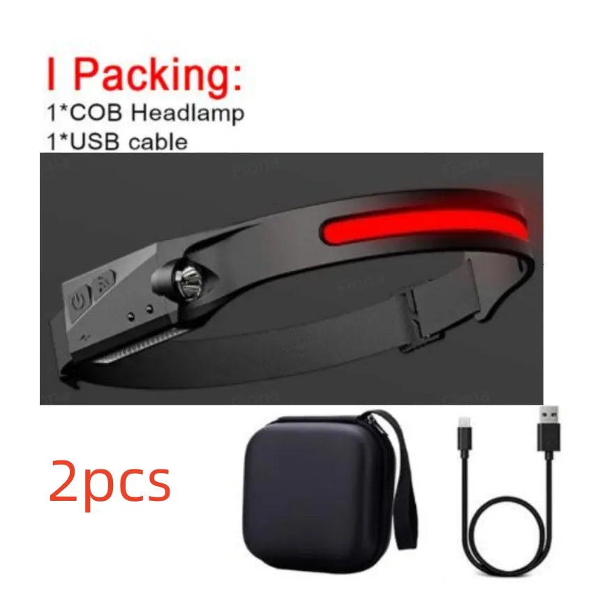 COB LED induction headlamp with wide beam and side LED for long-distance lighting, USB rechargeable, silicone build
