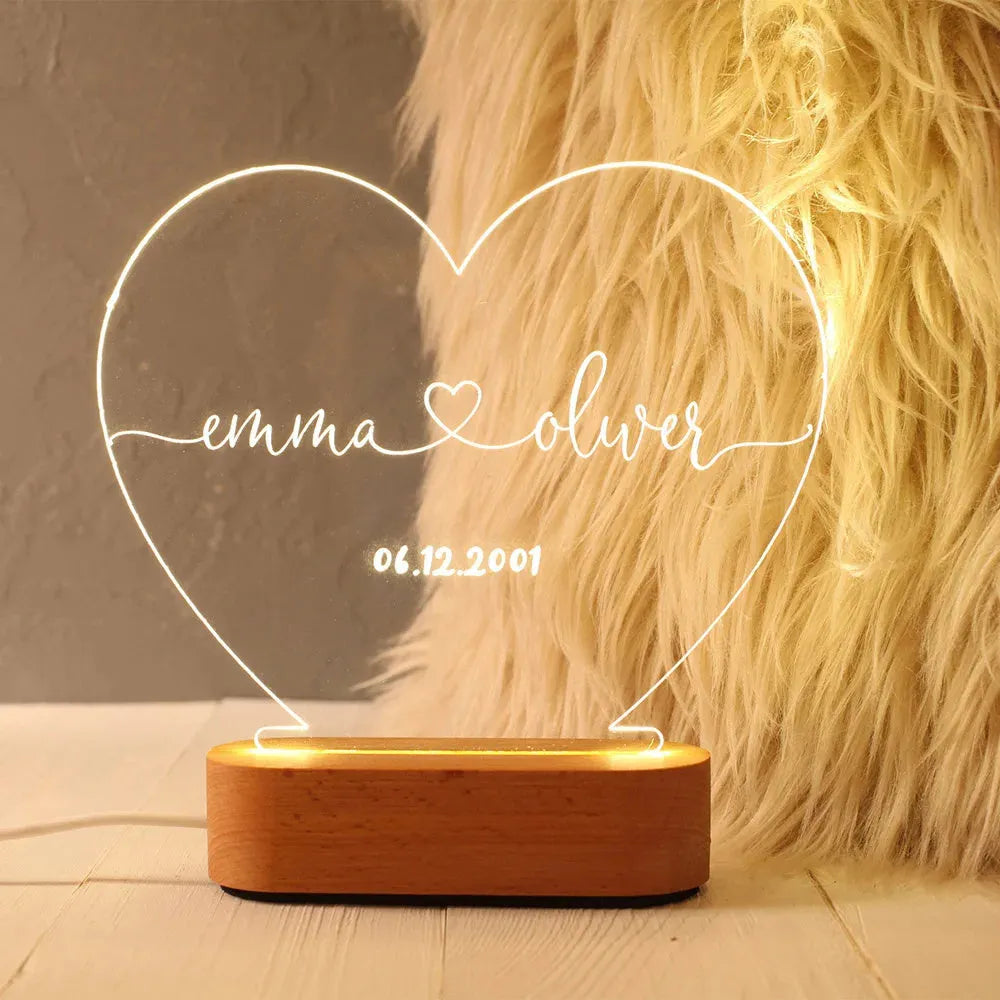 Custom LED night light with engraved names and date on transparent acrylic plate
