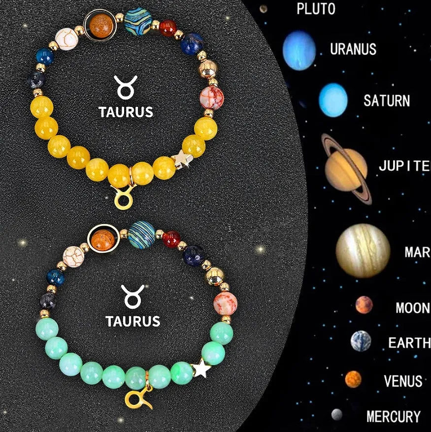 Two natural stone beaded bracelets with Chinese zodiac animal charms on an adjustable cord.