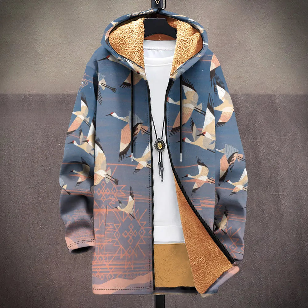 Men's hooded zip-front cardigan with multicolour digital print pattern in loose fit
