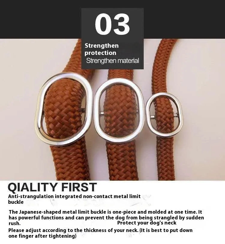 Brown dog leash with nylon P chain handle and rope section, 2.1 metres long