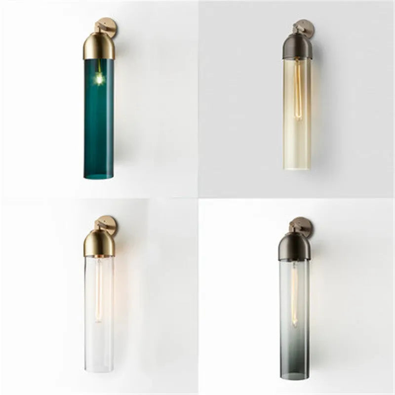 Modern minimalist glass wall lamp with an E27 holder in a choice of light colours on a living room wall.