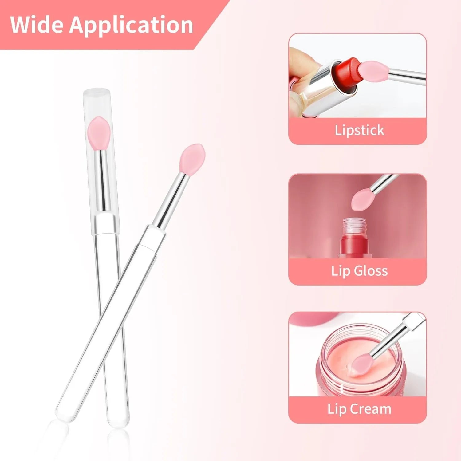 Set of reusable silicone lip brushes with protective caps in various colours.