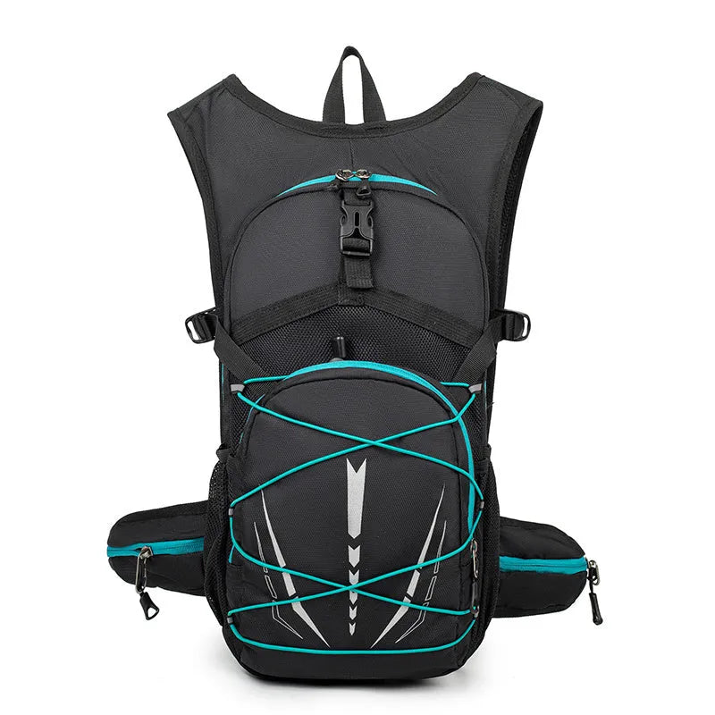 Lightweight breathable mesh hydration backpack in black with reflective details for trail running or mountain biking