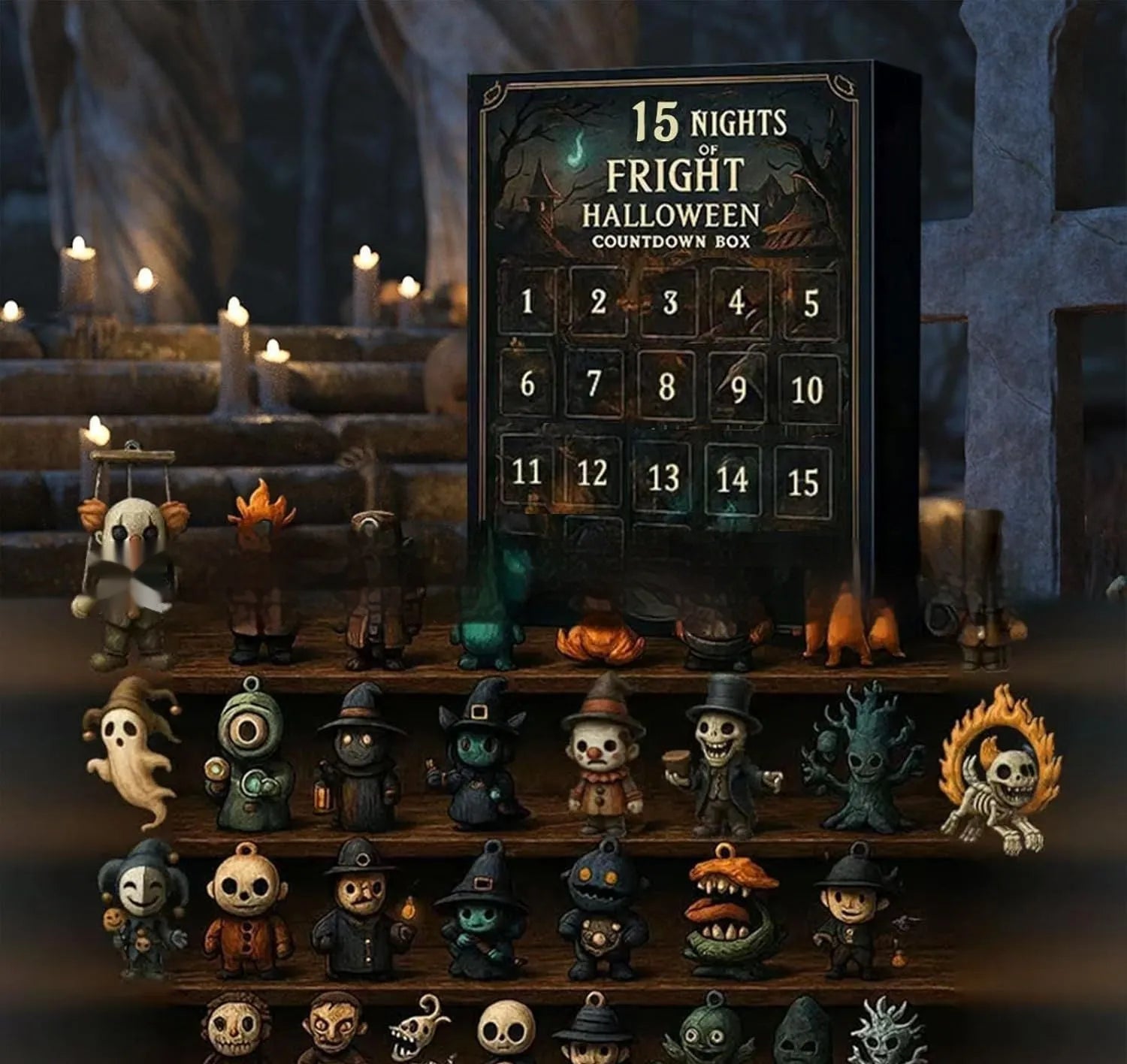 Halloween horror advent calendar blind box with window showing resin doll figure inside.