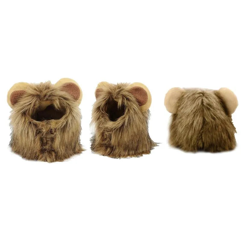 Lion mane wig accessory for a cat showing plush ears and adjustable elastic band.