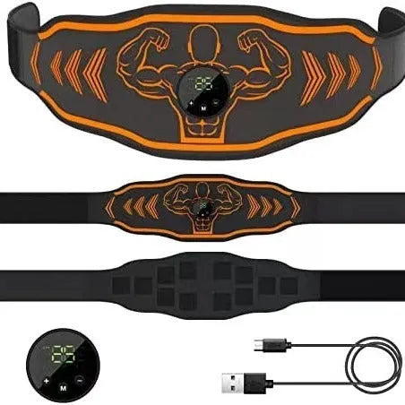 EMS smart massage fitness belt with rechargeable host unit in orange or blue colour options