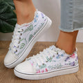 Casual flat canvas lace-up shoes with flower print, low-top, rubber sole, stitching detail, women walking loafers