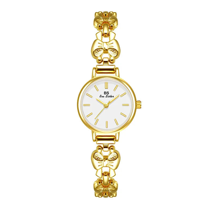 Women's retro French style alloy watch with 7mm slim case in golden white finish