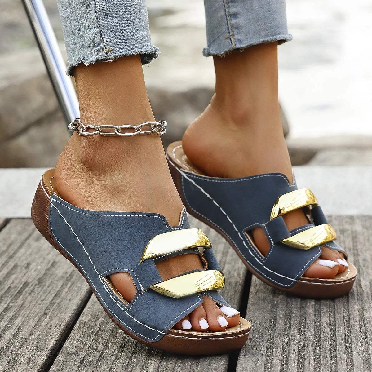 Roman style platform sandals in white, black, khaki, and sea blue colours on a rubber sole