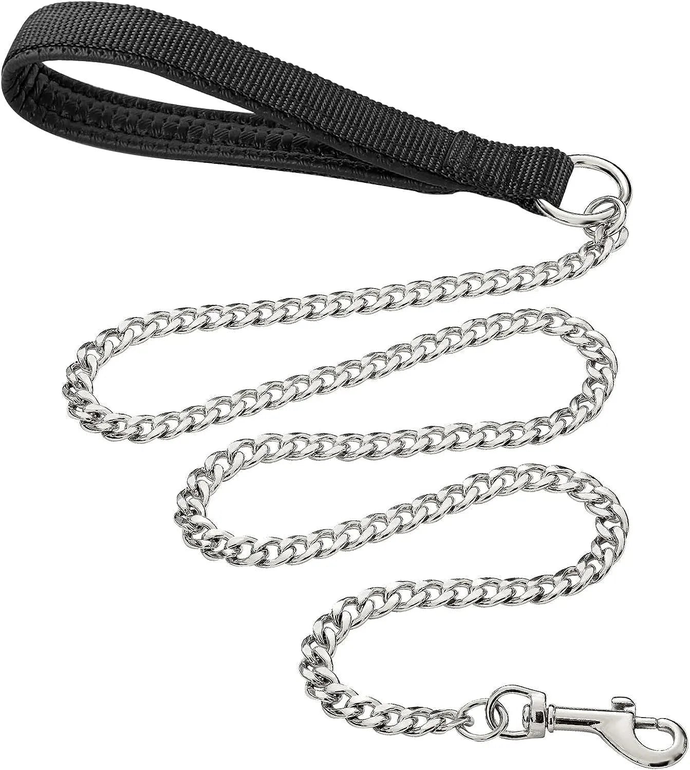 Heavy duty metal dog leash chain with soft black padded handle, shown in red.