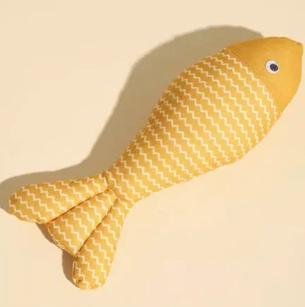 Plush fish cat toy filled with catnip, shown in blue, red, and yellow colours, with large and medium size examples
