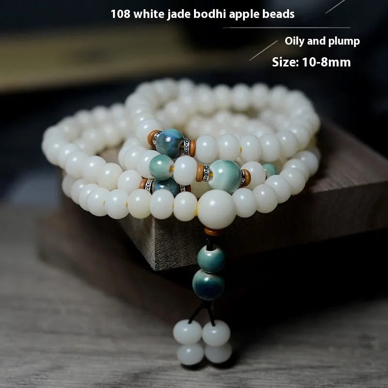 White jade Bodhi seed bracelet with 108 flat round beads in unisex national style