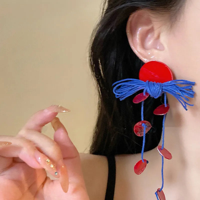 Handmade geometric cloth earrings with silver needle blue resin flower decoration