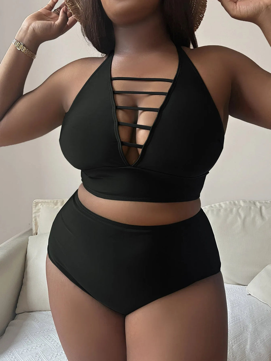 Plus size halter bikini with cross shoulder straps in black, green, or wine red