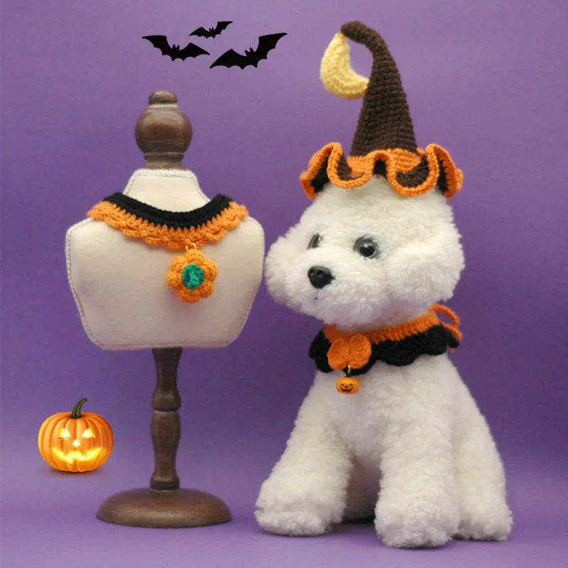 Hand-crocheted wool Halloween collar for cats and dogs in pumpkin colours with adjustable sizing