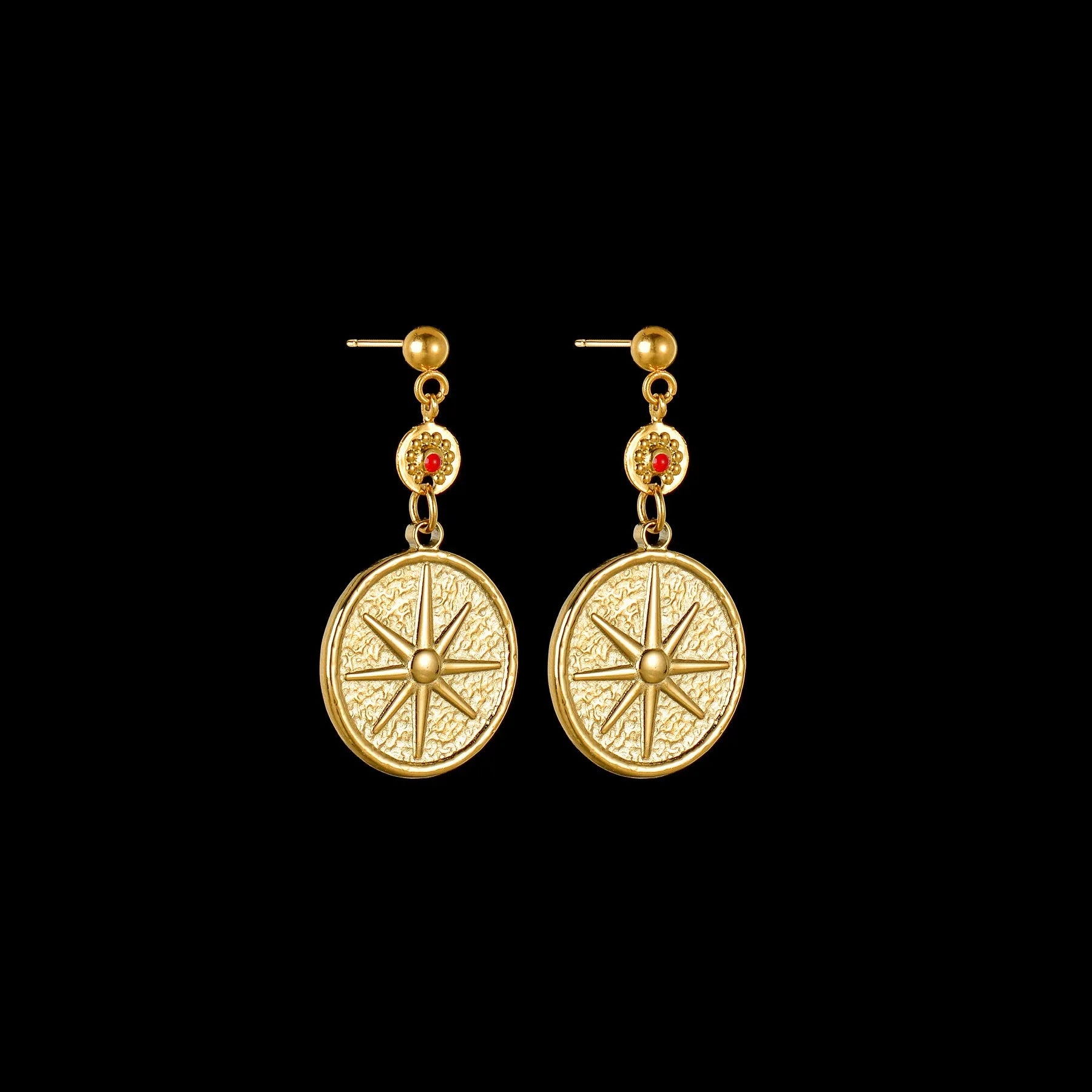 Geometric stainless steel earrings available in Eight Awn Star, Eye, and Shell Sun designs.