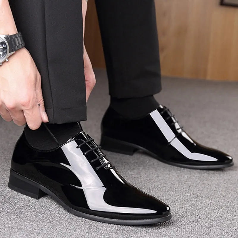 Men's black and brown business formal shoes with round toe and PU upper material