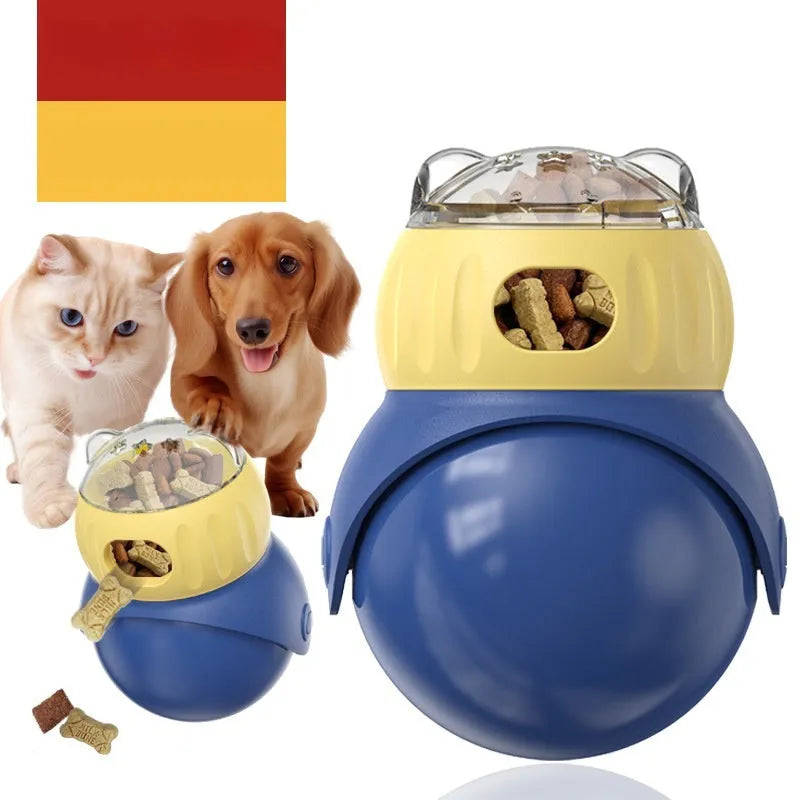 Owl-shaped plastic tumbler feeder cat toy in Morandi yellow and blue colours