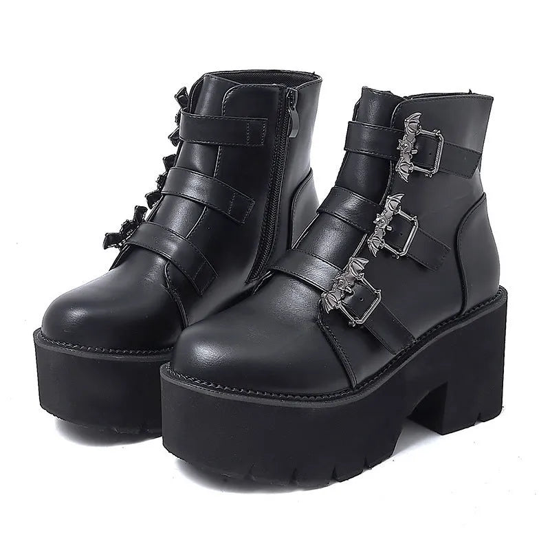 Black women's punk gothic Martin boots with side zipper and thick heel