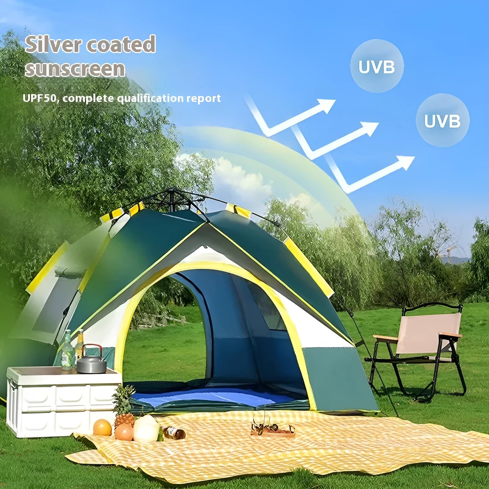 Dark green silver glue automatic camping tent for 3-4 people with quick open system