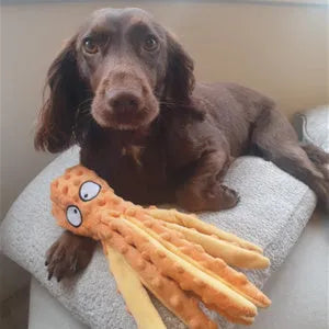 Blue octopus dog squeaky toy with no stuffing measuring 32cm long