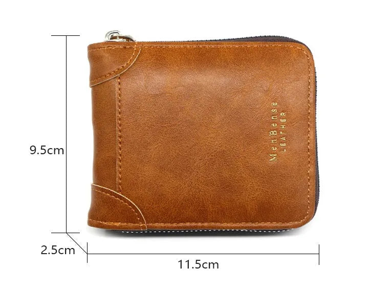 Men's short PU leather zipper coin purse in black with compact design