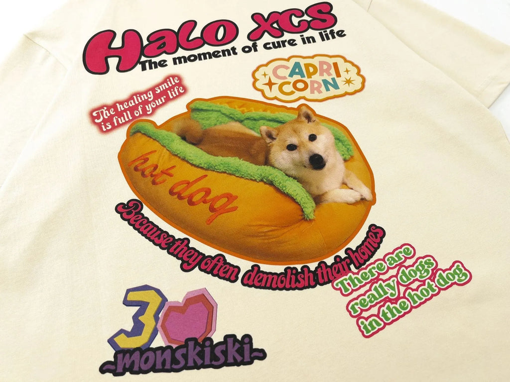 Cartoon hamburger dog printed cotton T-shirt in loose fit with round neck collar