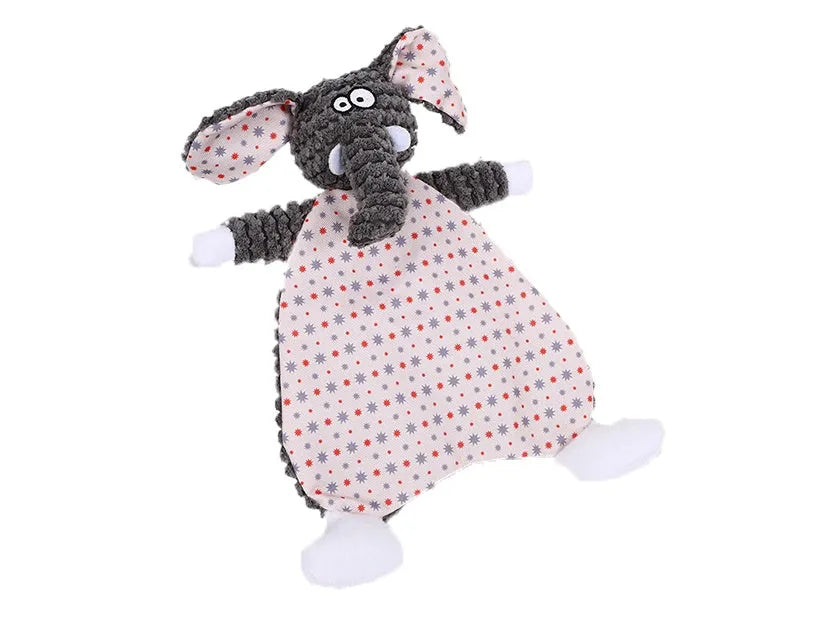Brown velvet pet toy with fox and elephant designs containing sound paper for dogs and cats