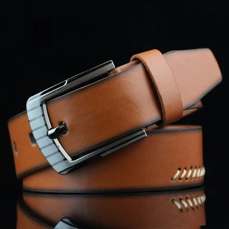 Men's retro style threading pattern belt with alloy pin buckle in black, brown or white