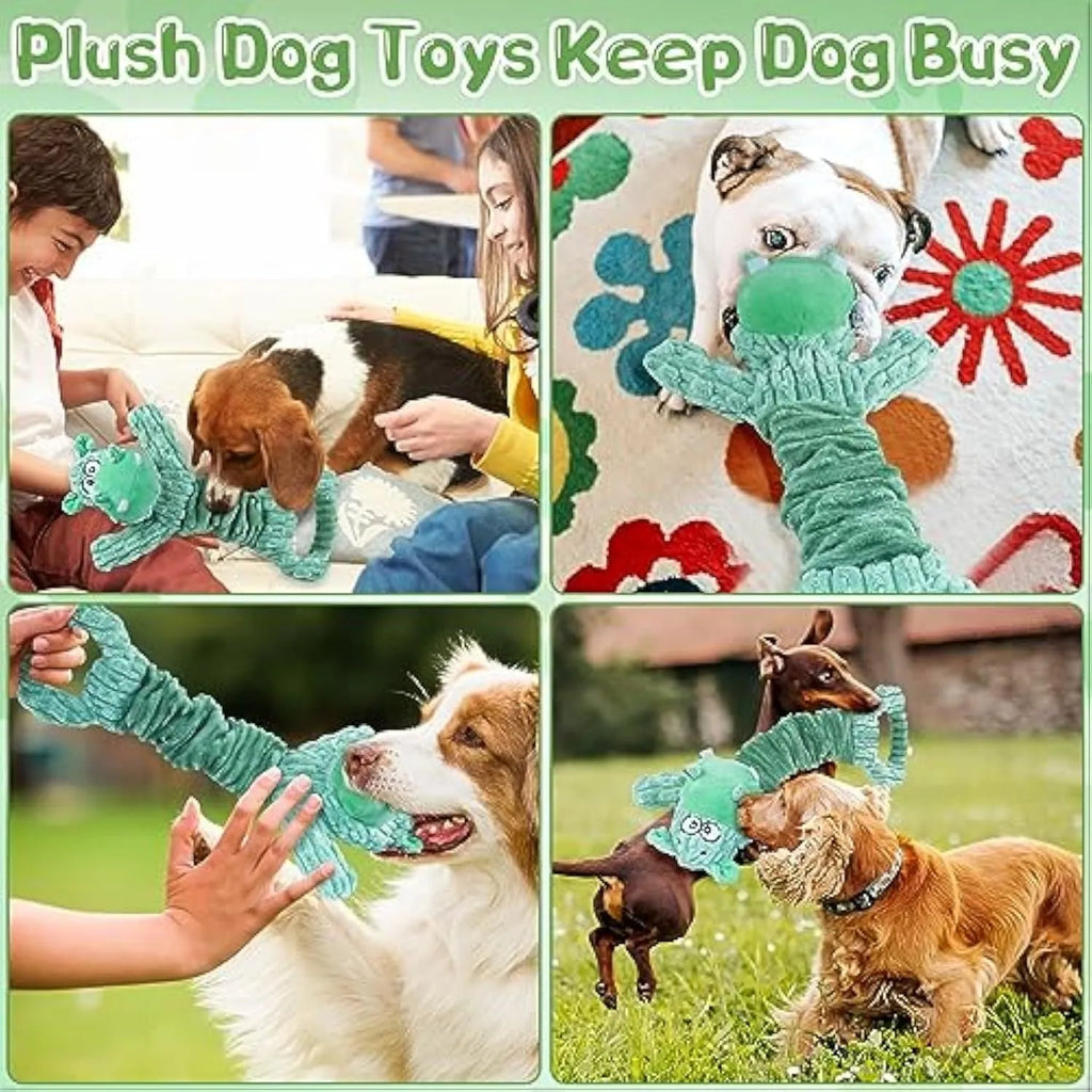 Large blue and green plush hippo dog toy with a handle, shown extended for tug of war