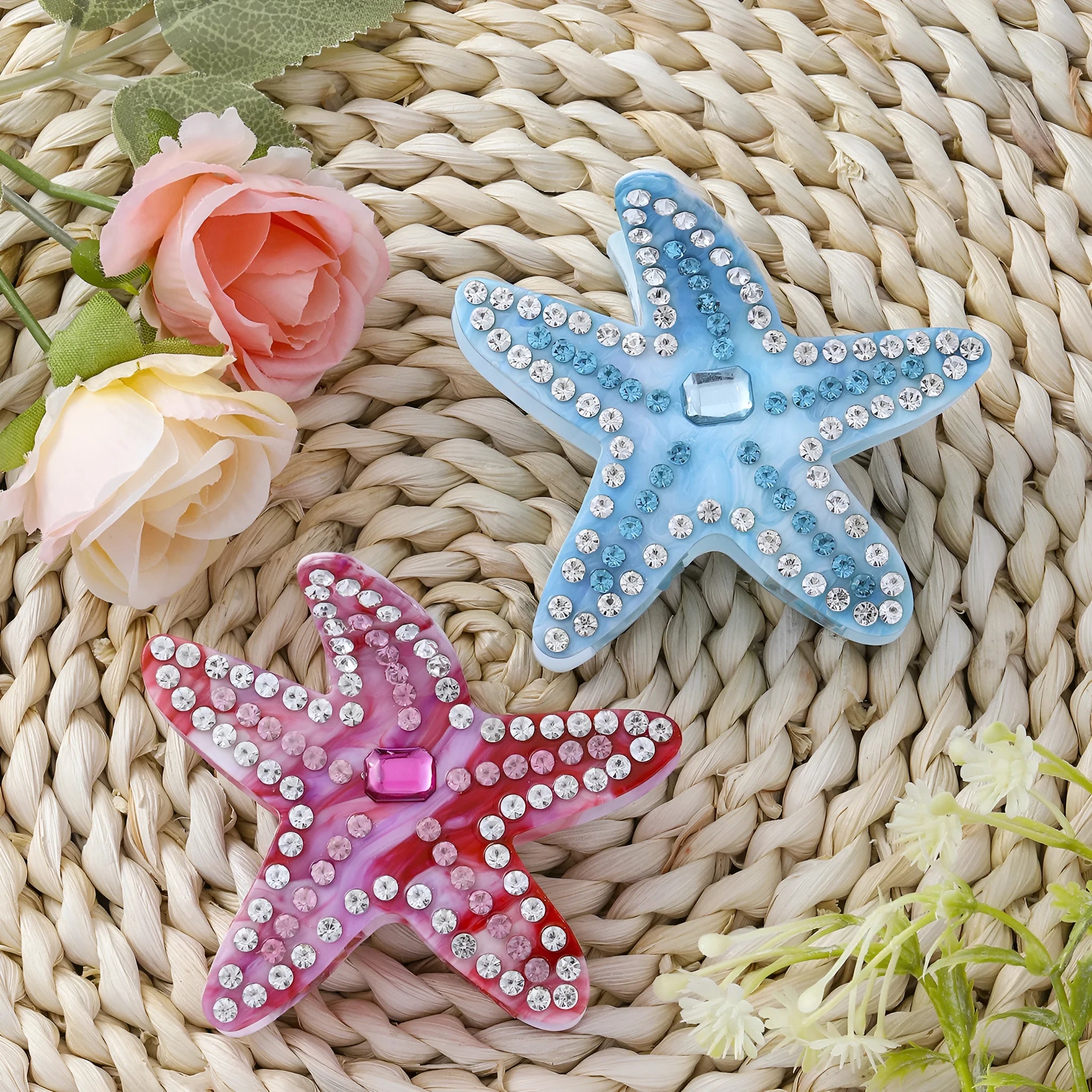 Acrylic starfish hairpin with diamond encrusted surface in blue colour, 8cm length