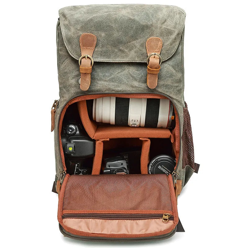Canvas DSLR camera backpack in khaki colour with waterproof construction and backpack straps