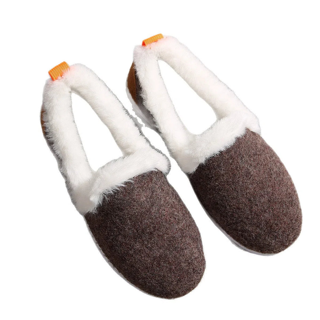 Women's Korean style thick soled short tube cotton shoes in light brown suede with plush lining