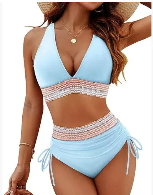 Women's high-waisted bikini set with colour-blocking drawstring briefs and sleeveless top.