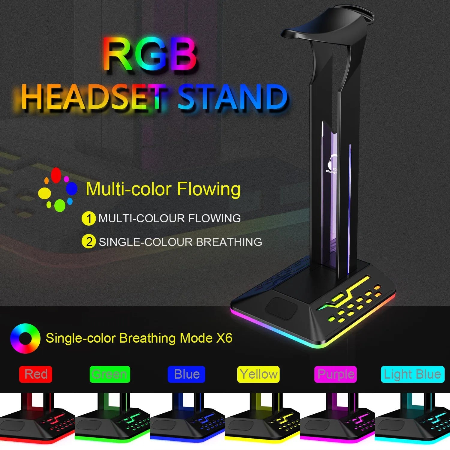 RGB colour changing headset bracket with dual USB ports and headphone holder