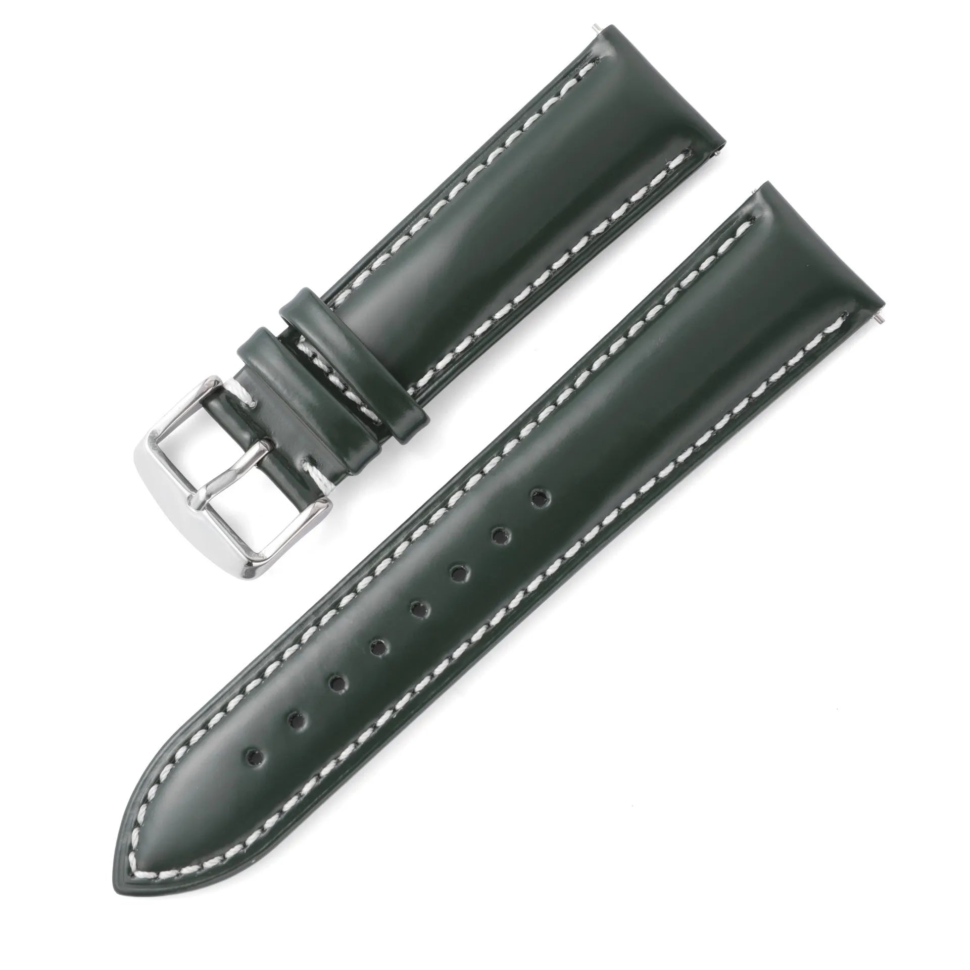 Quick release watch strap in cowhide leather showing buckle and multiple colour options including black, brown, and blue with white thread.