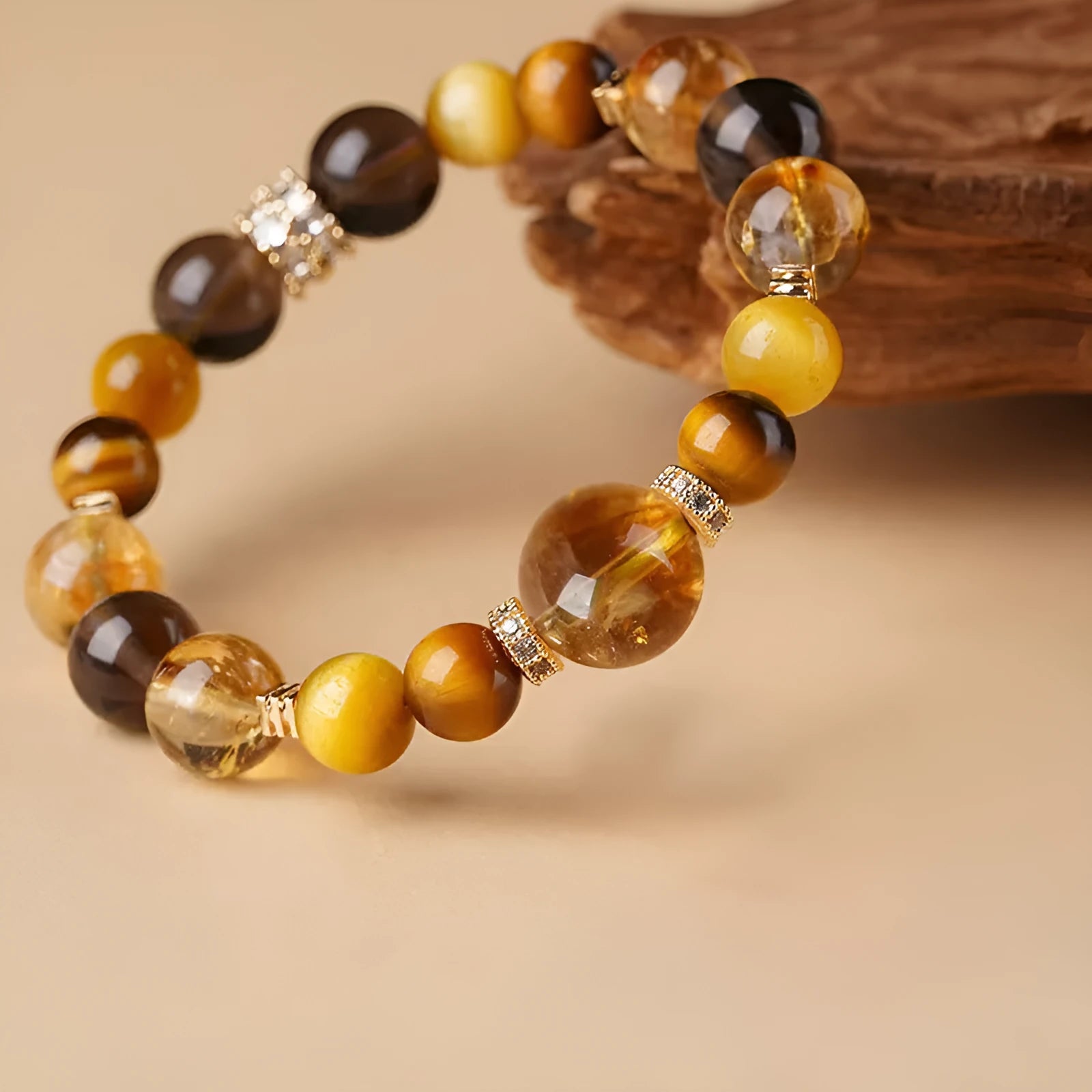 Crystal tiger-eye bracelet with lucky K-boxing design and natural yellow tower beads