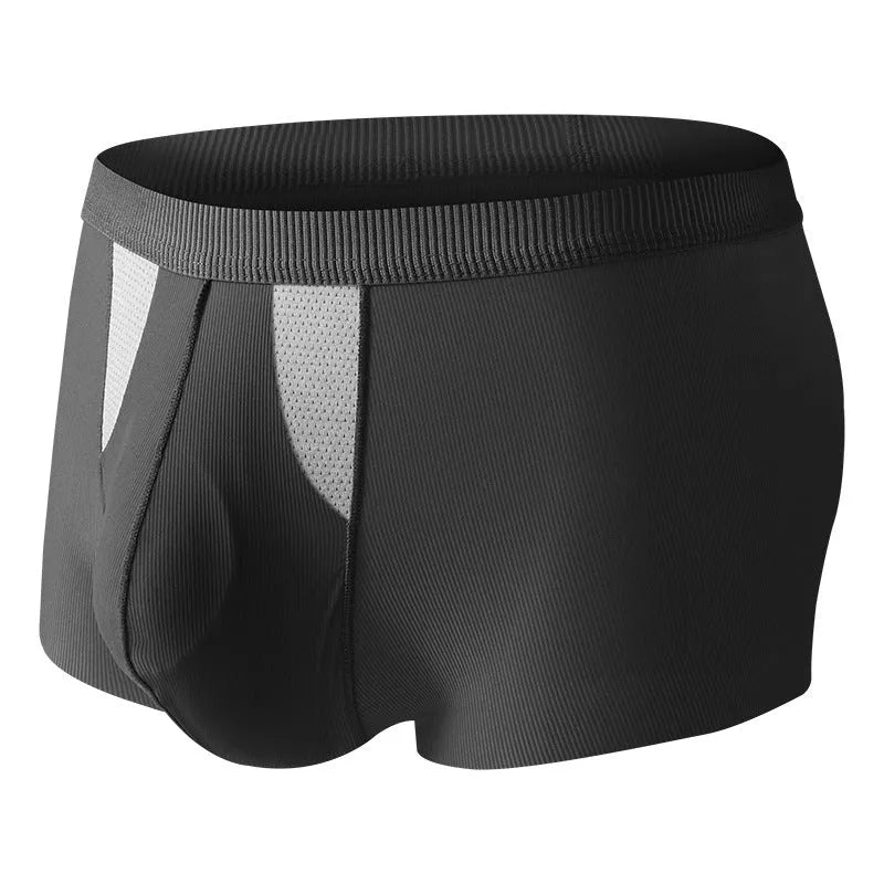 Men's black and grey ice silk double-layer underwear shorts showing the hole bag design for moisture separation.