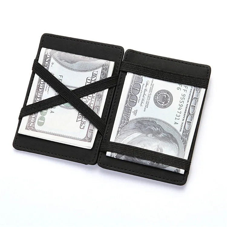 PU creative magic wallet in solid colour showing flip card holder and zipper coin purse with sewing line details.