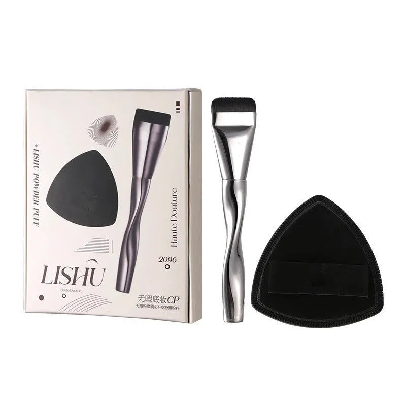 Spiral one-shaped powder foundation brush with black plastic handle and brown artificial fibre bristles