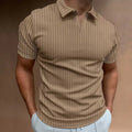 Men's striped V-neck polo shirt in light fabric for summer sports, shown in multiple colour options.