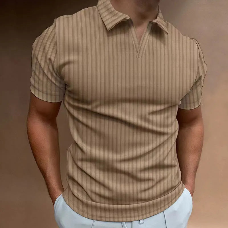 Men's striped V-neck polo shirt in light fabric for summer sports, shown in multiple colour options.